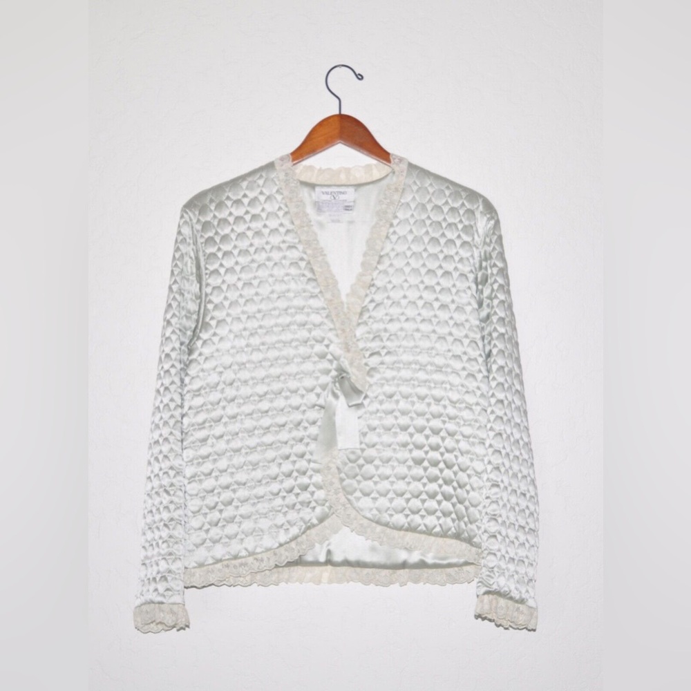 Valentino Intimo Light Green Silk Quilted Bow Sleepwear Top Sweater Medium